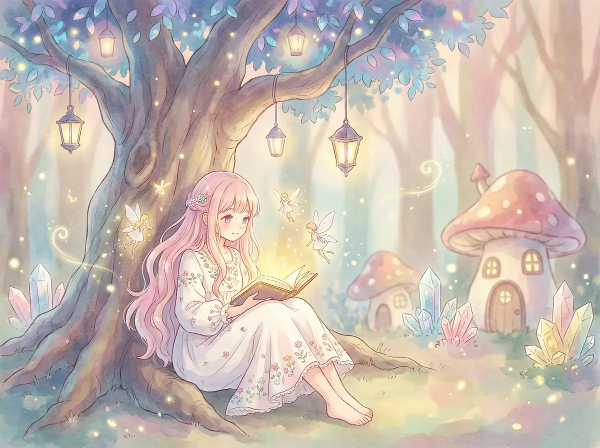 海妖分身 - 魔法森林中阅读故事书的粉发少女与精灵